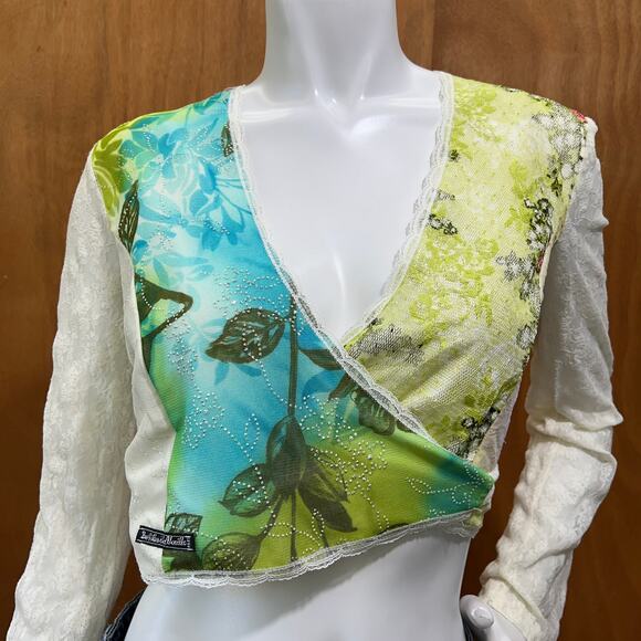 VTG Des Filles à la Vanille Paris Wrap Lace Top Blue Green Floral Sheer Y2K Boho - Picture 3 of 13
